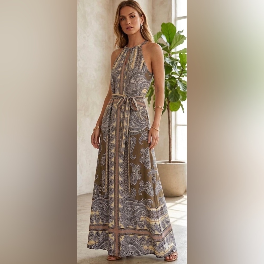 New York & Company Olive Paisley Tie-Waist Maxi Dress (NWT)